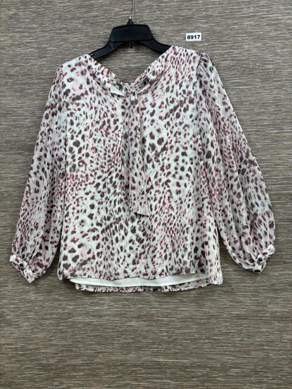 Talbots Shirt Blouse Womens Size MP White Pink Leopard Animal Print Tie Neck